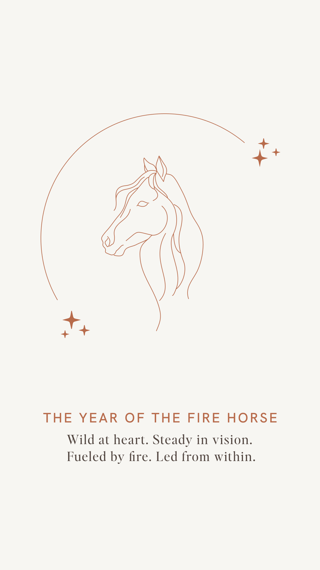 Minimalistisches Smartphone-Wallpaper in Braun mit Pferde-Illustration und Schriftzug „The Year of the Fire Horse“